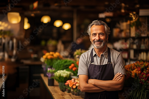 Portrait of a male florist in his flower shop. Generative ai image.