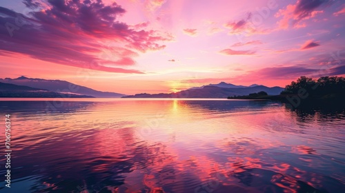 Serene Lakeside at Sunset Background where the Sky is Painted in a Palette of Pink, Orange, and Purple Hues - The Water Mirrors these Vivid Colors created with Generative AI Technology