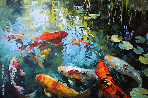 Glowing koi fish in a pond with lotuses. Illustration in oil painting style. Koi fish swim in a pond surrounded by delicate water lily flowers. The concept of calm and tranquility. Horizontal illustra