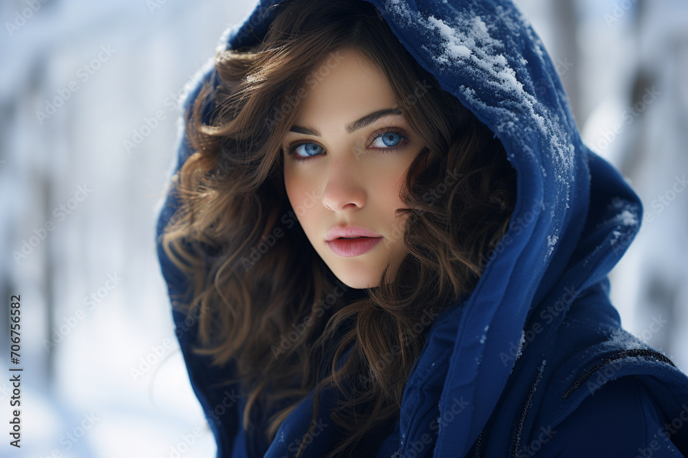 A visually striking winter portrait capturing the essence of a person bundled up in a royal blue winter coat, surrounded by pristine snow. A visually striking winter portrait capturing the essence of a person bundled up in a royal blue winter coat, surrounded by pristine snow.