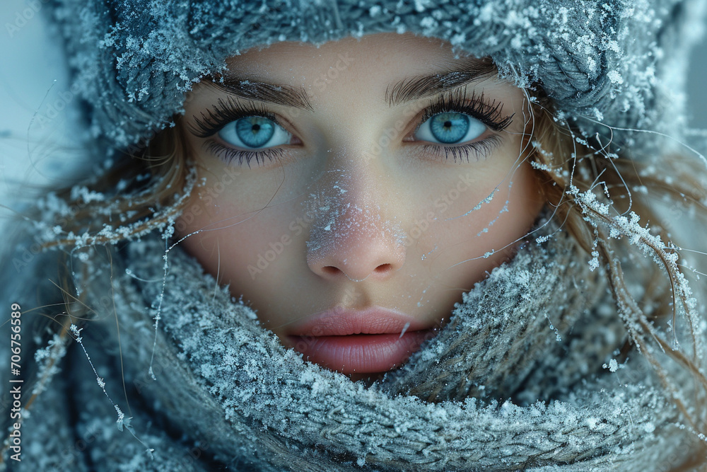 A captivating winter portrait featuring an individual wrapped in a cozy, oversized scarf, with snowflakes delicately resting on their hair and clothing.