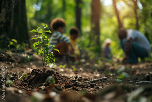 A family honors a loved one's memory by jointly planting a tree in a serene forest