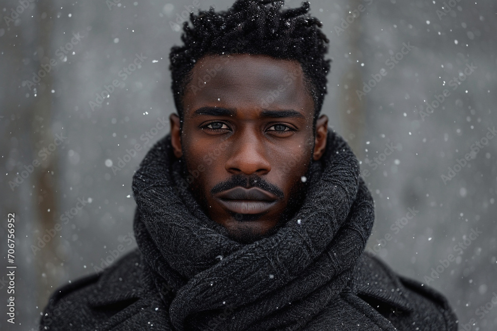 An artfully composed winter scene capturing a person in a sleek charcoal gray winter coat, framed against a neutral backdrop, with the subject's confident pose. An artfully composed winter scene capturing a person in a sleek charcoal gray winter coat, framed against a neutral backdrop, with the subject's confident pose.