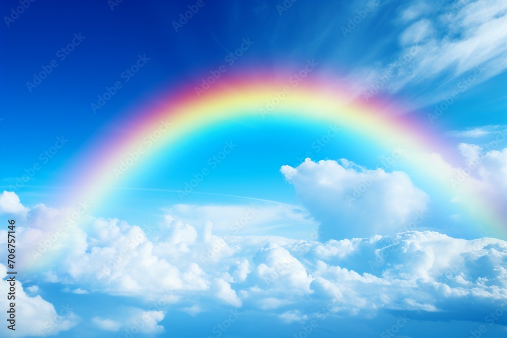 Experience the serenity of a picturesque sky painted in a soothing blue, brought to life by the presence of a vibrant and captivating rainbow Experience the serenity of a picturesque sky painted in a soothing blue, brought to life by the presence of a vibrant and captivating rainbow