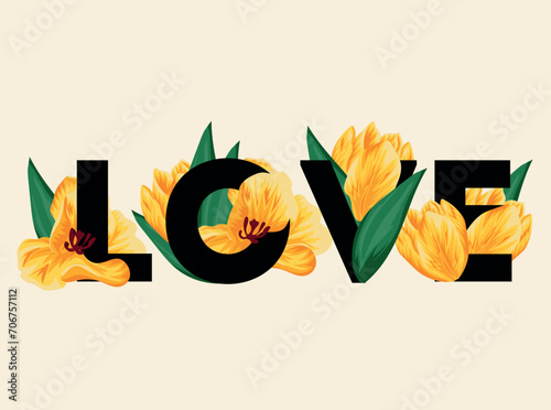 Valentine's day festive design for greeting card, banner or advertisement consisting of yellow tulip buds and unopened tulips and green leaves