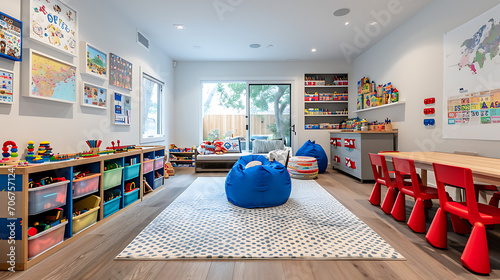 Um quarto de brincar para crianças projetado em um estilo divertido e lúdico, apresentando cores vibrantes, móveis interativos e soluções criativas de armazenamento para inspirar a imaginação.