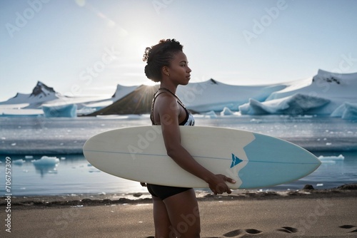 A surfer in Antarctica North Pole in extreme cold showing global warming benefits © Portrait Studio