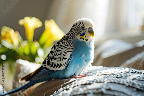 Adorable blue budgie sitting on the sofa in the living room on a sofa with yellow flowers on a background