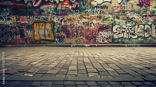  Graffiti-covered urban wall with striking street 