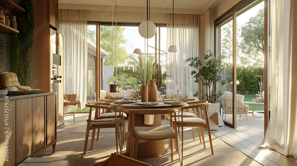 Uma área de jantar moderna do meio do século, com peças icônicas de mobiliário, linhas limpas e uma mistura de formas orgânicas e geométricas, capturando a essência do movimento de design.