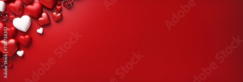 Valentine's Day banner backdrop adorned with red and white hearts against a vibrant red background. Ample text space provided. © Tetiana
