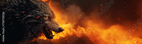 Shadowed Blaze: Fantasy Black Wolf Horizontal Poster Engulfed in Ashes, Embers, and Flames on a Black Background. Immerse Yourself in a Fiery Fantasy Wild Animal Collection. Climate Change Concept
