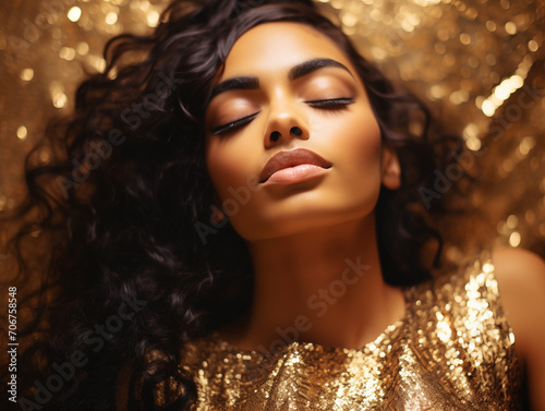 Beautiful black woman in gold glittering dress