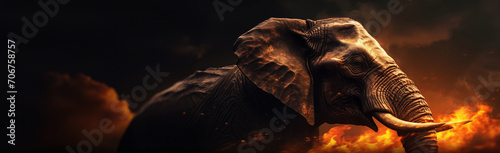 Flaming Elephant fantasy horizontal poster. Ashes, embers and flames. Black background. Fiery fantasy wild animal collection. Climate change and global warming concept. Extinction concept.