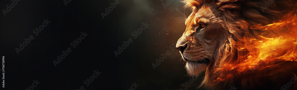 Blazing Lion Sovereignty: Horizontal Fantasy Poster featuring Ashes, Embers, and Flames on a Black Canvas. Explore a Fiery Collection of Fantasy Wildlife as a Poignant Representation of Climate Change - obrazy, fototapety, plakaty 