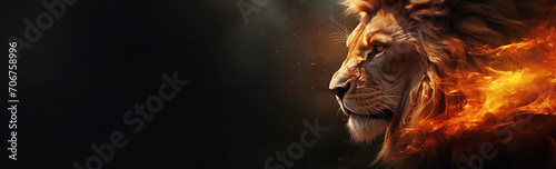 Blazing Lion Sovereignty: Horizontal Fantasy Poster featuring Ashes, Embers, and Flames on a Black Canvas. Explore a Fiery Collection of Fantasy Wildlife as a Poignant Representation of Climate Change photo