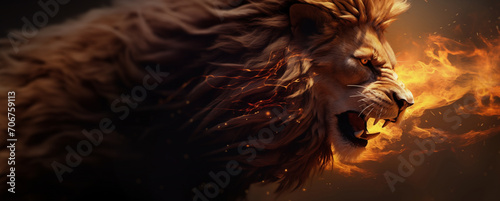 Regal Fire Monarch  Fantasy Lion King Horizontal Poster with Ashes  Embers  and Flames. A Fiery Collection of Fantasy Wildlife against a Black Background  Symbolizing Climate Change  Global Warming.