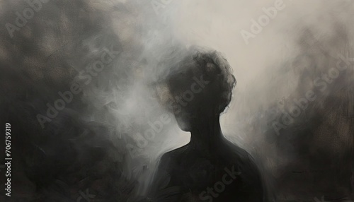 Mysterious dark figure shrouded by fog in a grayscale artwork photo