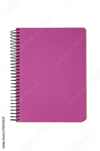 Closed spiral bound notepad with pink cover isolated on white, transparent background, PNG. Top view, copy space for text, template, mockup.