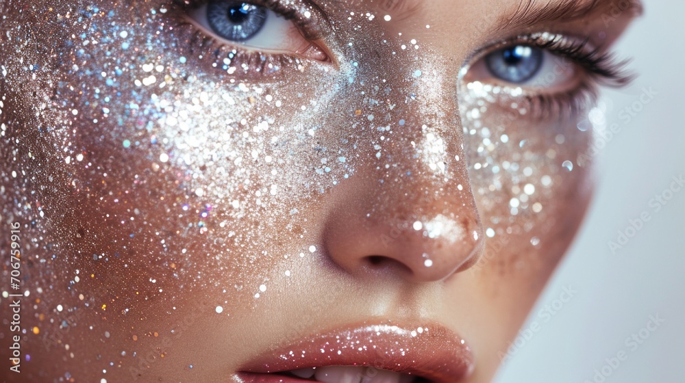 Close-up of shimmering glitter makeup accentuating the eyes, lips, and cheeks of a stunning girl against a plain white background 