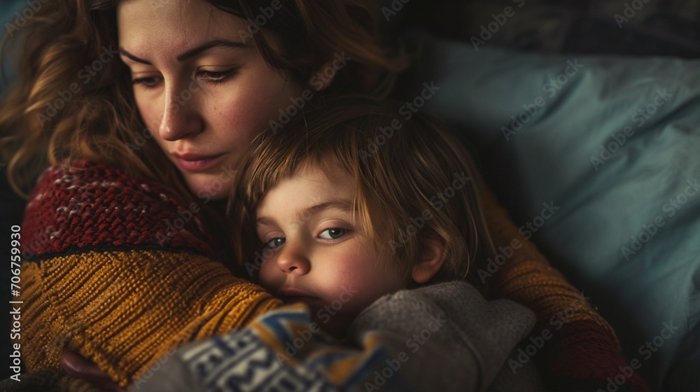 Worried mother feeling helpless staying with child day and night alone photography