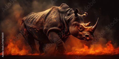 Flaming rhinoceros fantasy horizontal poster. Ashes, embers and flames. Black background. Fiery fantasy wild animal collection. Climate change and global warming concept. Extinction concept.