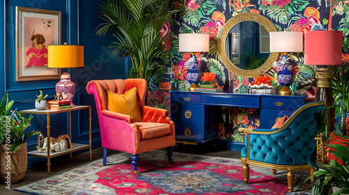 Um escritório em casa vibrante e eclético com uma decoração inspirada no Bohemian, que combina móveis diferentes, cores ousadas e acessórios únicos para um espaço de trabalho criativo e personalizado. photo
