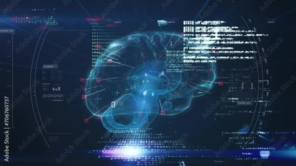 Animation of data processing over human brain on dark background Animation of data processing over human brain on dark background
