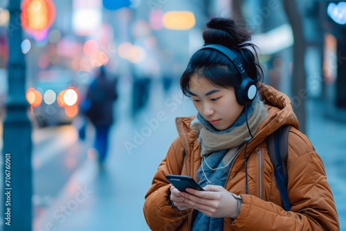 Person with mobile phone and headphones typing on telephone in the street.Modern headphones outdoors