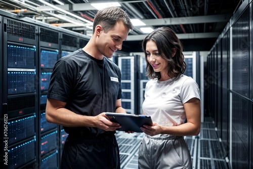 IT professionals in training and collaborating teaching in a large server room with rows of computers