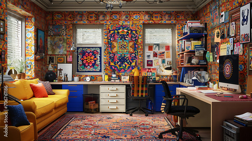 Um escritório em casa vibrante e eclético com uma decoração inspirada no Bohemian, que combina móveis diferentes, cores ousadas e acessórios únicos para um espaço de trabalho criativo e personalizado.