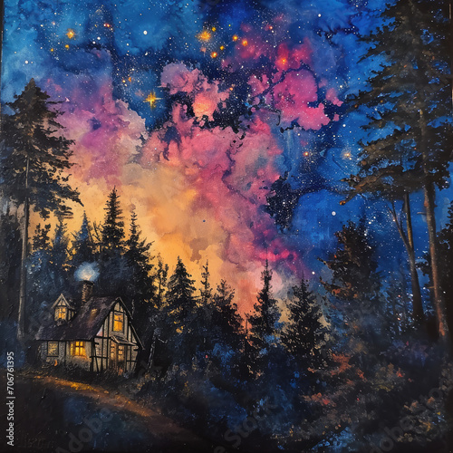 Forest Chalet: Nebulas in Late Night Sky