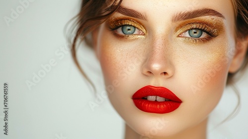 golden make over on eyes and red lipstick on beautiful face against a plain white background