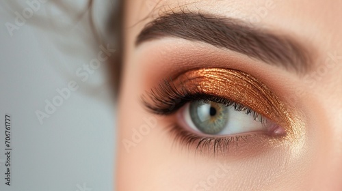 Gradient shades of eyeshadow forming a mesmerizing and seamless transition on a girl's eye lids against a neutral white background