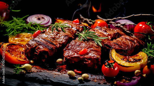 Grilled meat and vegetables. Close-up of juicy beef tenderloin with tomatoes, peppers and herbs. 