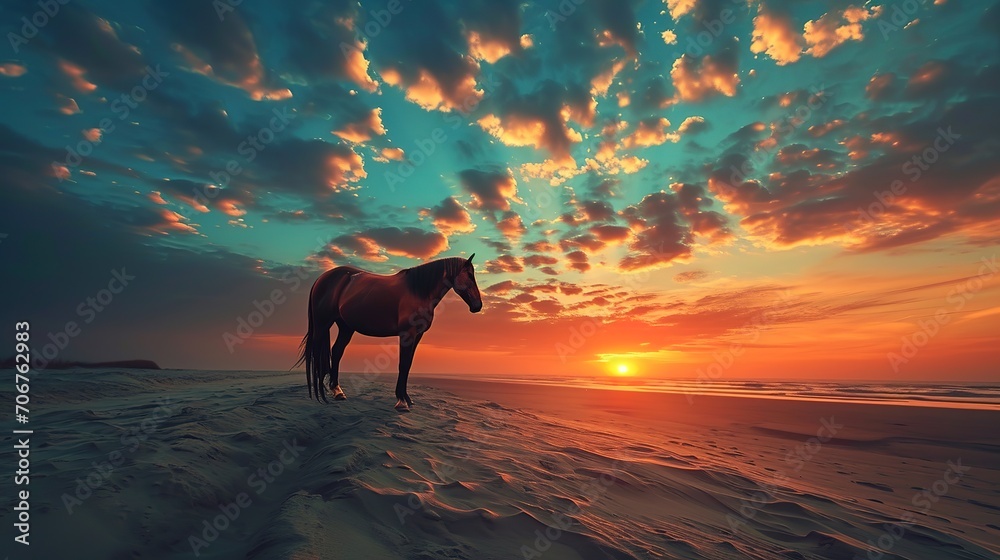 A brown horse standing on top of a sandy beach under a cloudy blue and orange sky with a sunset. Ai generative - obrazy, fototapety, plakaty 