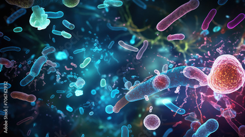 Escherichia coli. 3D illustration of Gram-negative rod-shaped bacteria with a single polar flagellum. Probiotics, postbiotics for gastrointestinal health. Colorful medical background. © Helen-HD