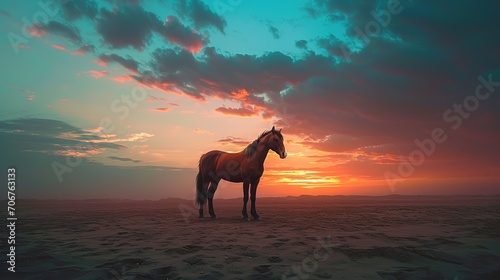 A brown horse standing on top of a sandy beach under a cloudy blue and orange sky with a sunset. Ai generative © Jennifer