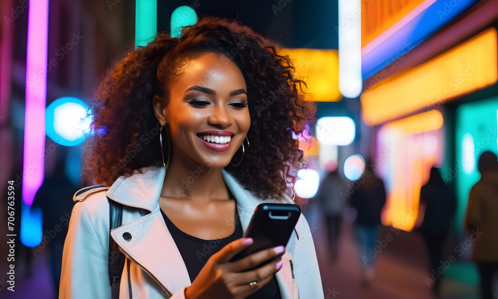 An African-American girl smiles at night while looking at her smartphone