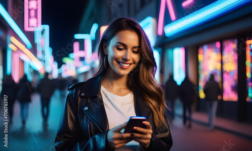 girl smiles at night while looking at her smartphone