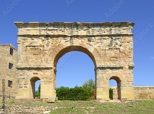 Ancient Roman gate Arco Romano of Medinaceli. Medinaceli is a municipality and town in the province of Soria, in Castile and León, Spain.