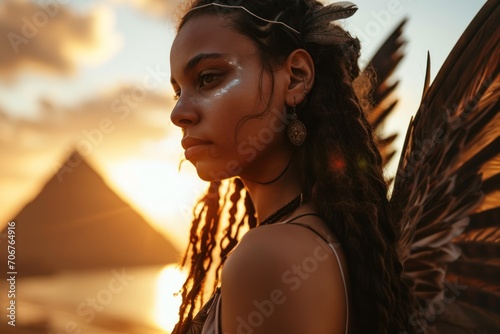A Girl in the Style Isis Egyptian Goddess of Magic - An Ethereal depiction of Isis with Elegant Wings set against a Backdrop of the Nile and Pyramids at Sunset created with Generative AI Technology