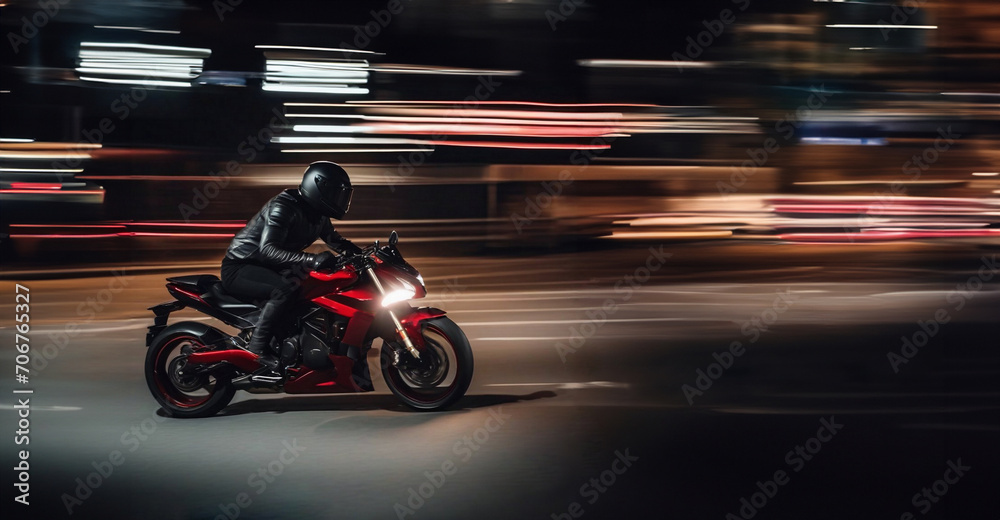 riding a sports motorcycle through the city at night, a motorcyclist in motorcycle gear.