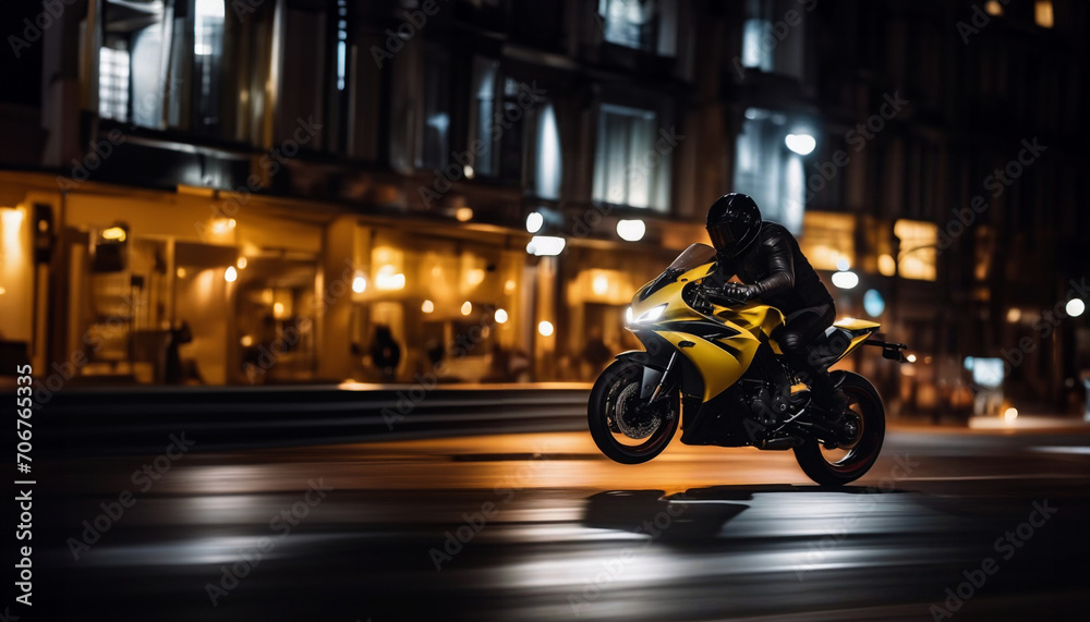riding a sports yellow motorcycle through the city at night, a motorcyclist in motorcycle gear.