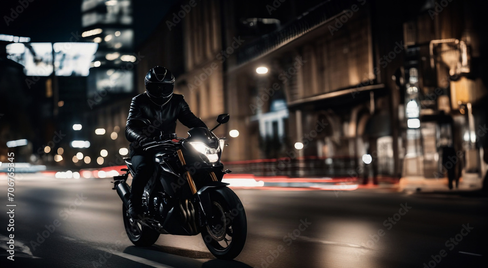 riding a sports motorcycle through the city at night, a motorcyclist in motorcycle gear.