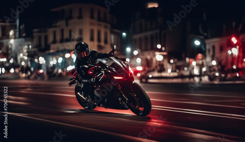 riding a sports motorcycle through the city at night, a motorcyclist in motorcycle gear. photo