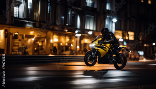 riding a sports yellow motorcycle through the city at night, a motorcyclist in motorcycle gear.