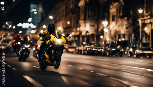 riding a sports yellow motorcycle through the city at night, a motorcyclist in motorcycle gear. © velimir
