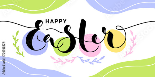 Happy Easter colorful background with bright spots. Paschal banner with hand written lettering. Vector illustration.