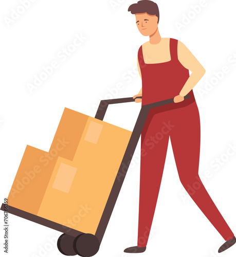 Storekeeper cart box use icon cartoon vector. Room cargo cart. Service person